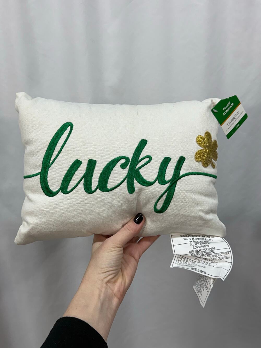 St. Patrick's Day Pillow NWT 100% Cotton Lucky Shamrock 12" x 8"